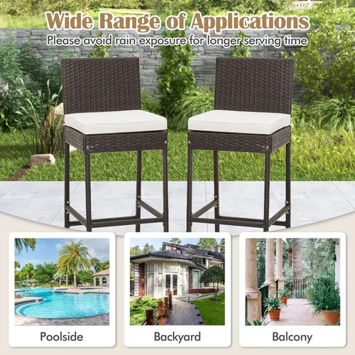 Miniatura 8 de Tangkula Juego de 2 taburetes de mimbre para patio, silla de bar para exteriores con cojín de asiento suave y reposapiés acogedor, marco de metal