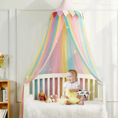 Miniatura 8 de LOAOL Toldo de cama para niños – Cortinas de cama con toldo de sueño de hadas con red colgante de color arcoíris, cúpula redonda rosa con bandera