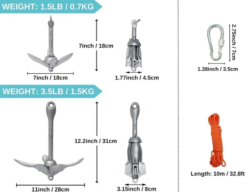 Miniatura 2 de BeGrit Ancla de kayak Anclaje de barco pequeño Anclaje marino plegable para pesca, kayak, tabla de remo, canoa, moto acuática, con bolsa de 1.5 lbs