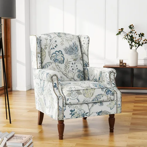 Miniatura 10 de Silla de Acento de Respaldo Alto, Sillón Tapizado en Tela para Sala de Estar, Sillón Wingback con Estampado Floral con Patas de Madera Maciza, Sofá