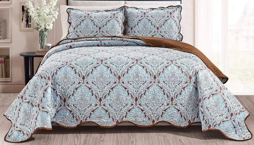 Juego de edredón Grand Linen de 3 piezas, con estampado fino, colcha reversible, colcha de matrimonio/queen, king y california king