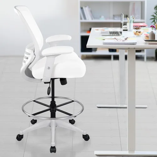 Miniatura 4 de BOLISS Silla de dibujo ergonómica de malla de 400 libras, silla de oficina alta, silla de escritorio de pie, reposabrazos ajustable en altura, Blanco
