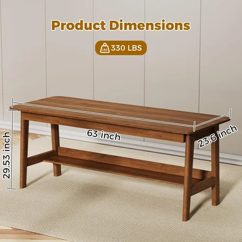 Miniatura 2 de 63" Solid Wood Office Desk, Mid-Century Modern Home Office Computer Desk with Storage Shelf, Large 2-Person Writing Study Table Workstation, Walnut