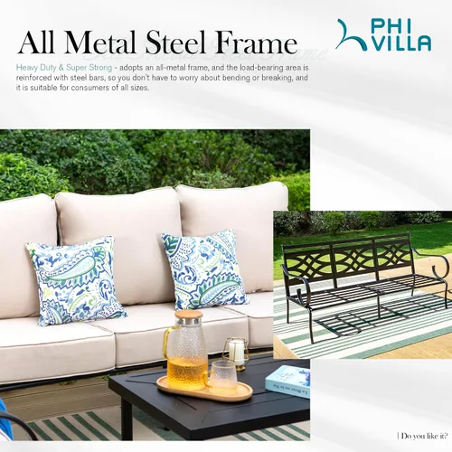 Miniatura 5 de PHI VILLA Juego de 2 sillas mecedoras para patio al aire libre, sillones metálicos para patio, sofás resistentes para exteriores con cojines de 5.5