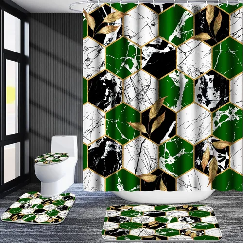 Miniatura 12 de Poedist Juego de 4 cortinas de ducha de baño, juegos de baño con alfombras (tapete de baño, forma de U y tapa de inodoro) y 12 ganchos, mármol