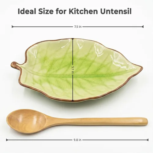Miniatura 3 de Soporte de cuchara de cerámica para hojas con juego de cuchara de madera, 7.5" x 5.1" Cute Green Spoon Holder for Stove Top & Kitchen Counter