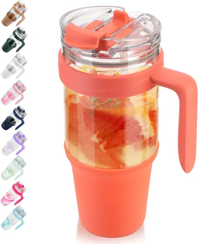 Miniatura 28 de Tronco Vaso de vidrio de 32 onzas con popote y tapa, tapa con popote 2 en 1 a prueba de fugas, botellas de agua de vidrio con asa, apto para Rosa