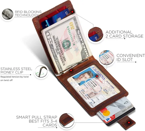 Miniatura 23 de SERMAN BRANDS - Billetera sencilla de cuero genuino con bloqueo RFID para hombre, billetera delgada con bolsillo frontal y clip para dinero