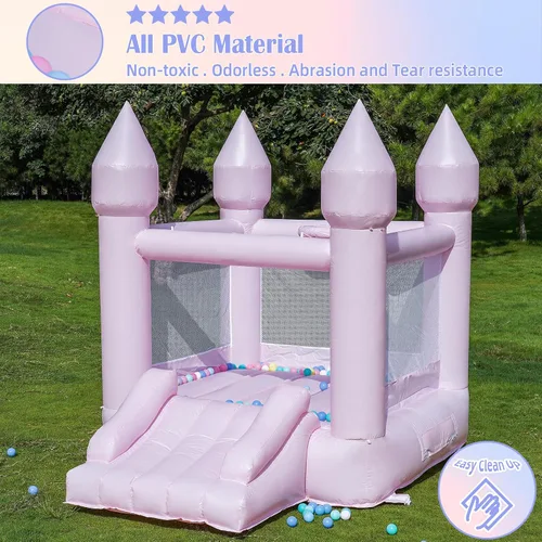 Miniatura 5 de Casa de rebote de PVC, casa de rebote para niños de 3 a 6 años con soplador y tobogán, castillo inflable rosa para niños pequeños de 1 a 3 años