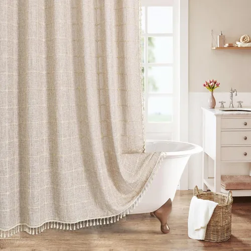 MitoVilla Juego de cortinas de ducha estilo bohemio, modernas cortinas de ducha bohemias para decoración de baño, cortina de ducha de tela de lino