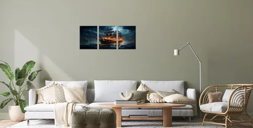 Miniatura 4 de TutuBeer 3 Piezas Arte de Pared Batalla Naval Barco Imagen Barco Pirata Velero Póster Barco Pirata Azul en Llamas Imagen Impresa en Lienzo Póster