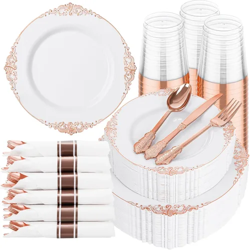 Hioasis 350 platos de plástico color oro rosa, elegante juego de vajilla desechable adecuado para 50 invitados, incluye platos de cena de 10.25
