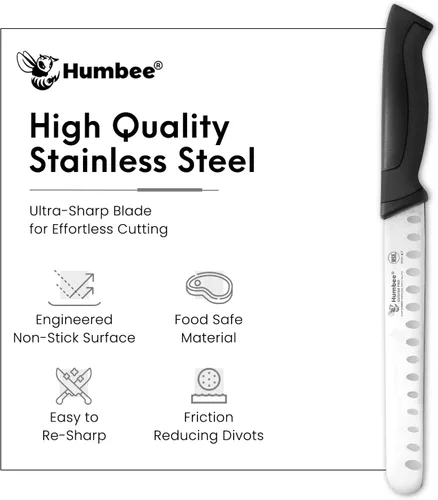 Miniatura 5 de Cuchillo de chef de 8 pulgadas con borde Granton para rebanar jamón y carne de pavo Certificado NSF Hoja de acero inoxidable alemán Mango