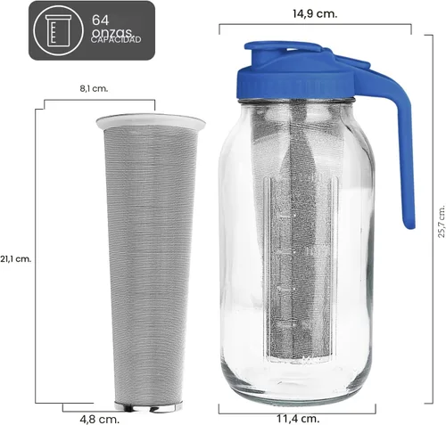 Miniatura 2 de Cafetera de café frío, jarra de frasco Mason de 64 onzas con filtro de acero inoxidable, tapa con asa y pico vertedor, vidrio resistente hermético