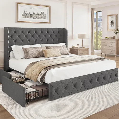 Miniatura 11 de BRELTAM Marco de Cama Tamaño Queen con Cajones de Almacenamiento y Cabecero Wingback Tapizado en Terciopelo Marco de Cama Plataforma Camas Blanco