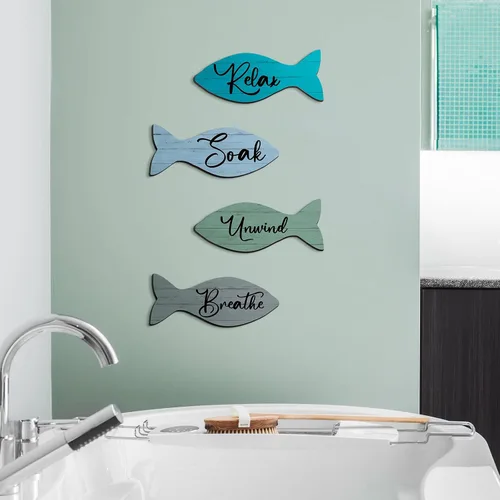 Miniatura 6 de 4 piezas de decoración de pared de peces de madera para playa, baño, decoración de pared costera, decoración de verano para el hogar, spa y baño