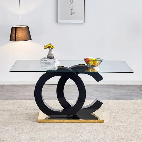 Miniatura 2 de gopop Mesa de comedor de cristal de 63 pulgadas, mesa de cocina moderna, mesa de comedor de vidrio transparente con patas de diseño único negro