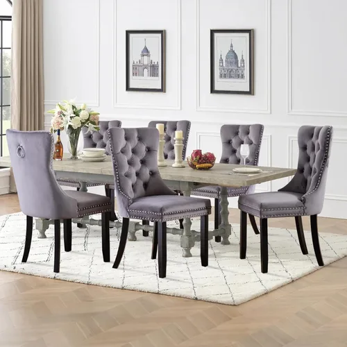 Miniatura 26 de Juego de 2 sillas de comedor tapizadas de tela de lino, sillas de cocina modernas de mediados de siglo con respaldo alto, ribete de cabeza de clavo