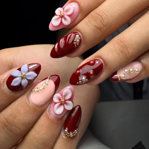 Miniatura 10 de Uñas postizas medianas a presión de almendra, con lazo 3D, perlas y diamantes de imitación, diseños de flores, uñas adhesivas, uñas acrílicas
