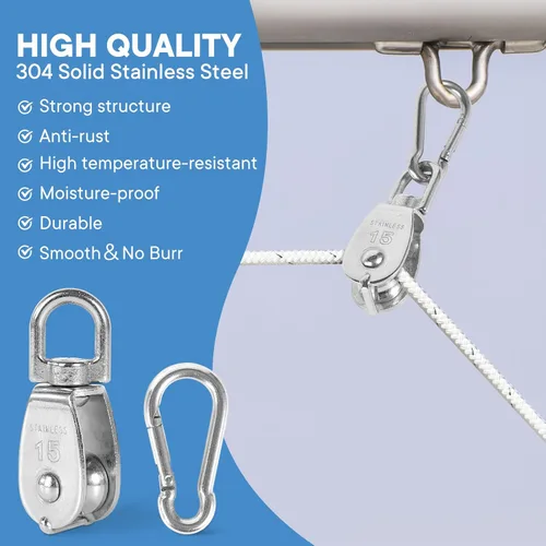 Miniatura 3 de 2 piezas de bloque de polea simple de acero inoxidable 304 M15, cable de alambre colgante rueda de remolque, con 2 piezas de ganchos de resorte a