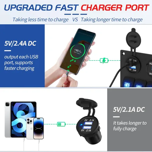 Miniatura 4 de RVMARINEPAT - Panel de interruptores marinos impermeable de 12 voltios, 5 mandos, interruptor basculante azul con luz, con doble toma USB de 4,8 A