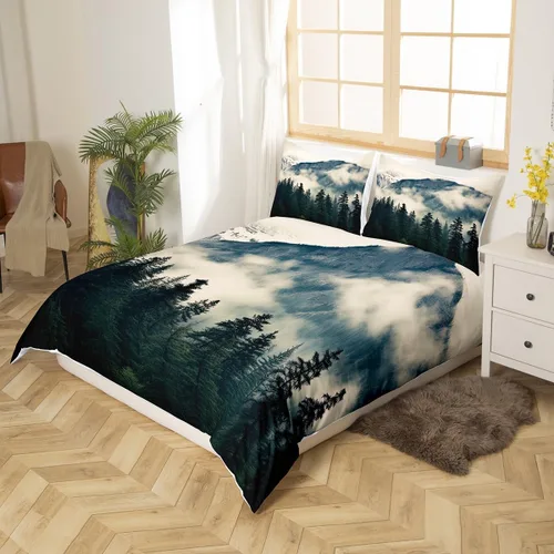 Miniatura 2 de Erosebridal Juego de funda de edredón de montaña ahumada, pinos y niebla, color gris, tamaño King, para niños, adolescentes y adultos, funda