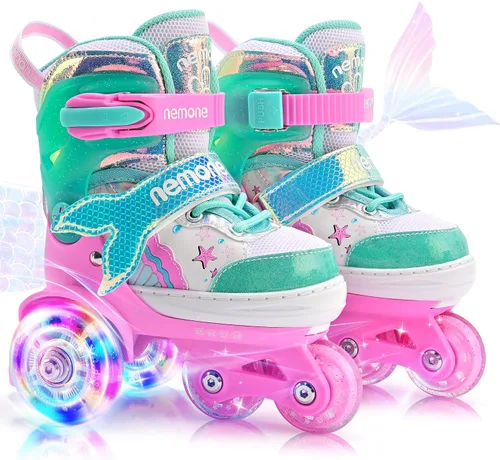 Miniatura 14 de NEMONE - Patines de sirena con ruedas iluminadas y 4 tamaños ajustables para niñas, azul y morado, para niños pequeños, para principiantes, de C