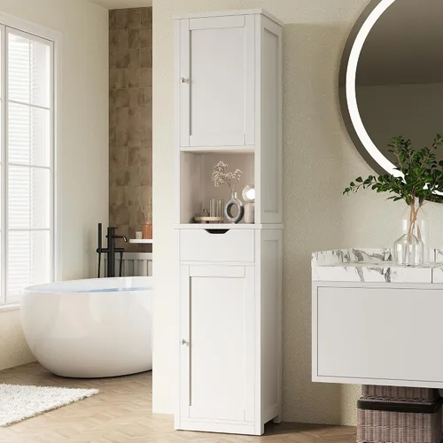 Miniatura 2 de Shintenchi Armario de almacenamiento alto para baño, gabinete de piso delgado de esquina con puertas y cajón, organizador de baño estrecho Blanco