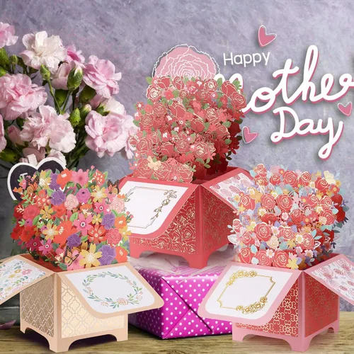 Miniatura 5 de Giiffu Paquete de 3 tarjetas emergentes 3D para el día de la madre, ramo de flores hechas a mano, tarjetas de felicitación con sobres y tarjetas