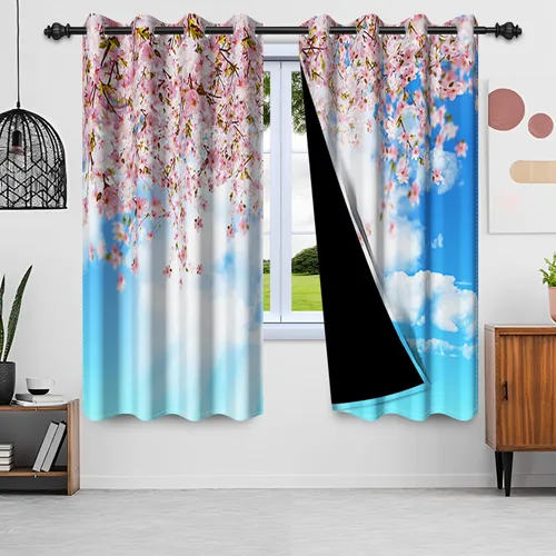 Miniatura 5 de Renaiss Cortinas de ventana con diseño de cerezo Fuji, tratamiento de ventana de cielo azul, flores rosas, cortinas opacas de privacidad para hombre