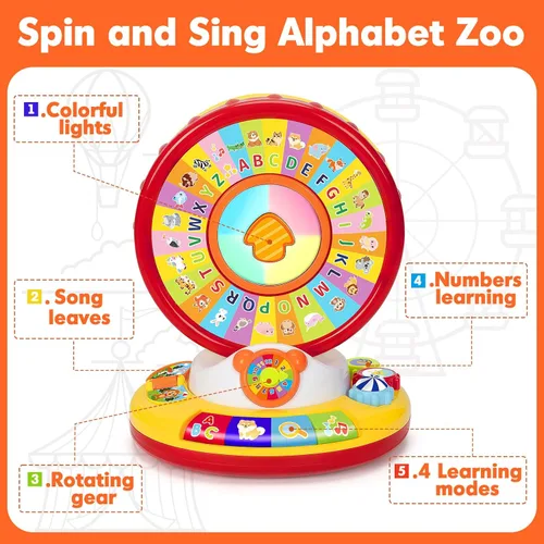 Miniatura 7 de Juguete de aprendizaje para niños y niñas de 1, 2, 3 años, girar y cantar, juguetes musicales del alfabeto con luz y sonidos de animales, juegos Rojo