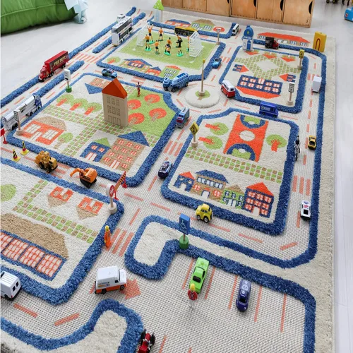 Miniatura 7 de IVI Alfombra de juego gruesa 3D para niños con diseño de ciudad colorida con campo de fútbol, estacionamiento y carreteras, azul, 32 x 45 pulgadas