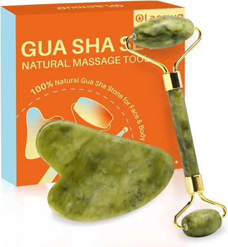 Juego de Gua Sha de Jade y Rodillo Facial, Juego de Herramientas Faciales de Piedra Gua Sha de Jade Real para Reducir la Hinchazón, Herramienta