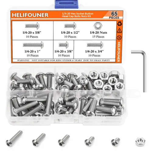 HELIFOUNER 65 piezas de 5 tamaños de acero inoxidable 304 1/4-20 x 3/8 pulgadas 1/2 pulgadas 5/8 pulgadas 3/4 pulgadas 1 pulgada UNC cabeza de botón