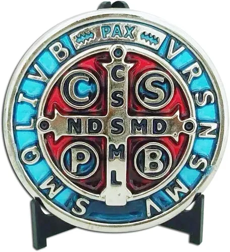 Medalla Jubilar de 3 pulgadas en tono plateado con esmalte azul y rojo de San Benito Cruz JubiléMedalla San Benito 3" Medalla Jubilar, porcelana,