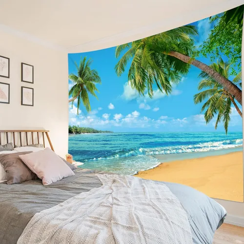 Miniatura 2 de HVEST Tapiz de playa para colgar en la pared, paisaje tropical azul océano, tapiz natural para dormitorio, palmera verde con cielo azul, nube