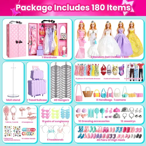 Miniatura 2 de UCanaan Juego de ropa y accesorios para muñecas de 180 piezas, vestidos de princesa, vestidos, tops, pantalones, zapatos, perchas, armario