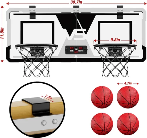 Miniatura 7 de HYES Juego de baloncesto para 2 jugadores, doble tiro sobre la puerta, mini aro de baloncesto para interiores con marcador, juguete de baloncesto