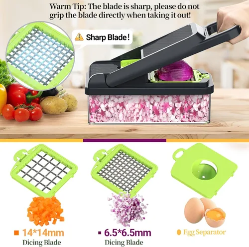 Miniatura 2 de StoreHappily Picador de verduras 12 en 1, picador de verduras de 7 cuchillas con recipiente y tapa, cortador, rebanador, utensilios de cocina Verde