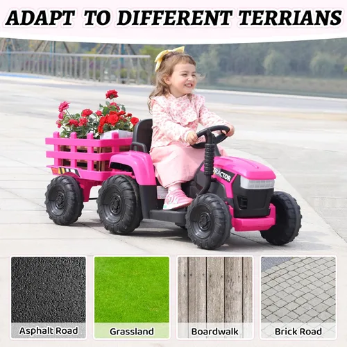 Miniatura 6 de TOBBI - Tractor de juguete a batería de 12 V con remolque color verde, rosado y rojo Rosa Rojo