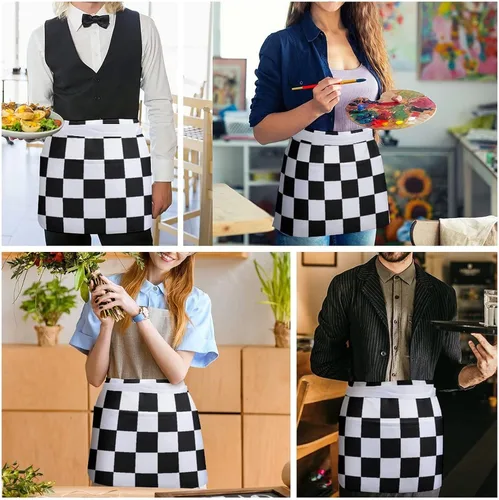 Miniatura 4 de Delantales de cintura con patrón de bandera a cuadros negros y blancos con 3 bolsillos para camarera, chef, medio delantal para mujeres y hombres