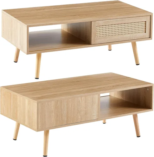 Miniatura 5 de Mesa de centro de ratán, mesa de centro moderna de mediados de siglo de 40.3 pulgadas con almacenamiento, mesa rectangular de madera para sofá