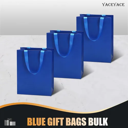 Miniatura 6 de Bolsas de regalo azules, 10 unidades, 8 x 4.25 x 10.5 pulgadas, bolsas de regalo de papel azul mediano con asas de cinta, multiusos, boda