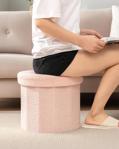 Miniatura 6 de Round Boucle - Otomana de almacenamiento, reposapiés tapizado pequeño de 15 pulgadas con almacenamiento, reposapiés otomano compacto para sala