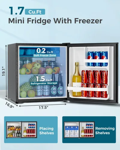 Miniatura 2 de Feelfunn - Mini refrigerador con congelador de 1.7 pies cúbicos; refrigerador mini de una sola puerta con termostato ajustable, bajo nivel de ruido