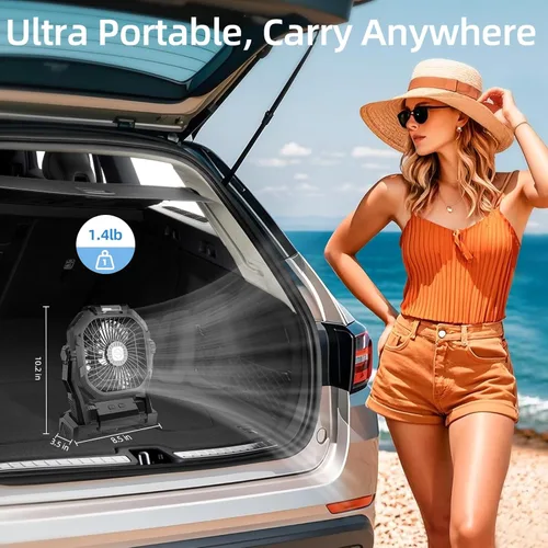 Miniatura 5 de Ventilador de camping recargable, ventilador portátil con batería de 20000 mAh con luz LED y gancho, 4 velocidades ajustables a 270°, esenciales