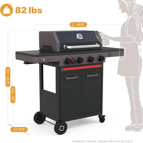 Miniatura 9 de Brand-Man - Parrilla de gas propano de 4 quemadores con quemador lateral infrarrojo, parrilla de barbacoa total de 52,000 BTU con rejillas y plancha