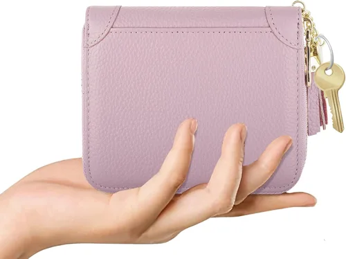 Miniatura 5 de Cartera con tarjetero RFID para tarjetas de crédito, de cuero, con cremallera, para mujer, 40 ranuras para tarjetas, Púrpura, Compacto