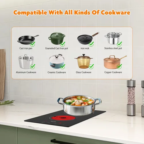 Miniatura 2 de Placa de cocina de cerámica de 12 pulgadas con enchufe de 120 V, estufa eléctrica de 1700 W, 2 quemadores, control táctil con temporizador y bloqueo