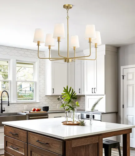 Miniatura 8 de Candelabro clásico de 6 luces con acabado dorado cepillado y pantallas de lino, base E12, lámpara rústica de techo para isla de cocina, comedor